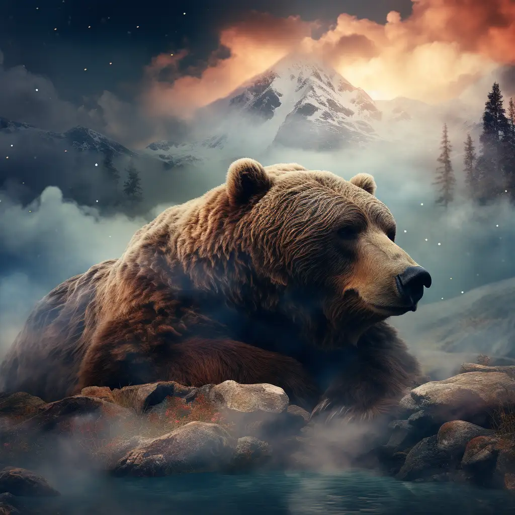 Spiritual meaning of bears in dreams. Image depicts a dream of a bear sitting high in the mountains 