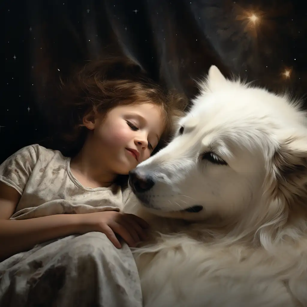 child dreaming about a white dog. image shows the child asleep beside a big white dog to depict the dream