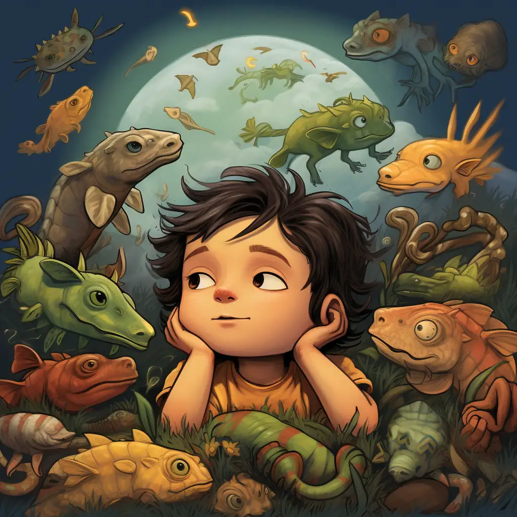 cartoon image depicting a child dreaming about lizards. The child is facing the front of the image with his head in his hands. The image shows lots of lizards as well