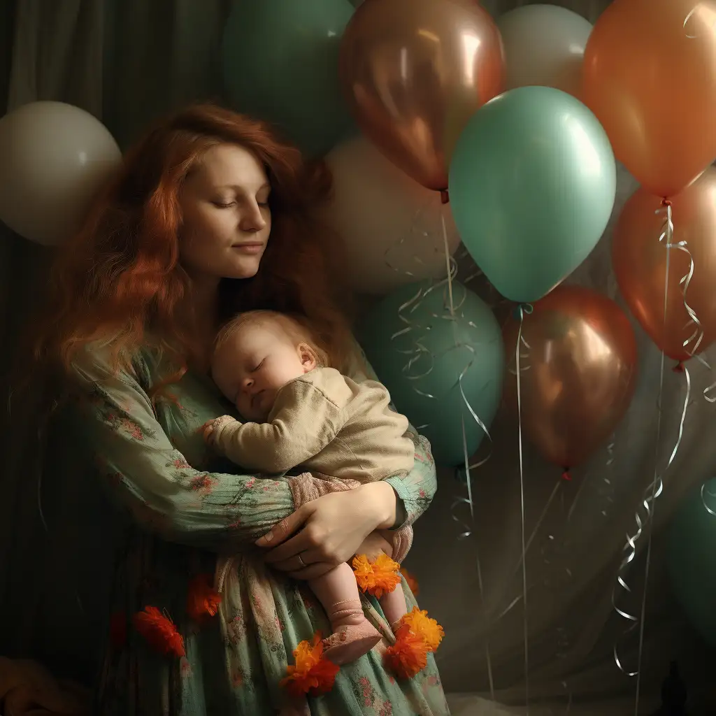 woman holding a baby. there are balloons in the background. Image depicts a dream about having a baby