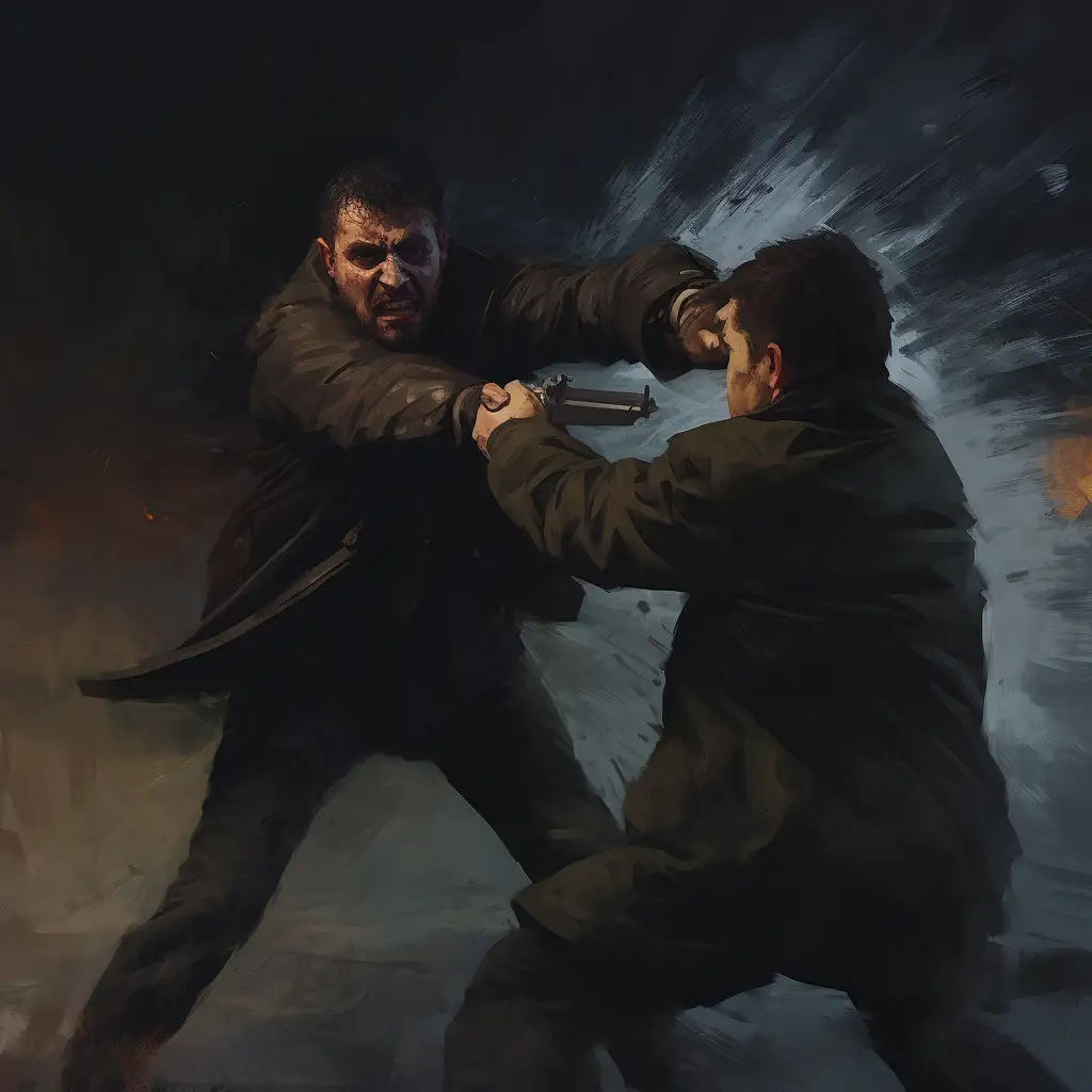 dream about getting shot. image shows two men fighting. one is holding a gun