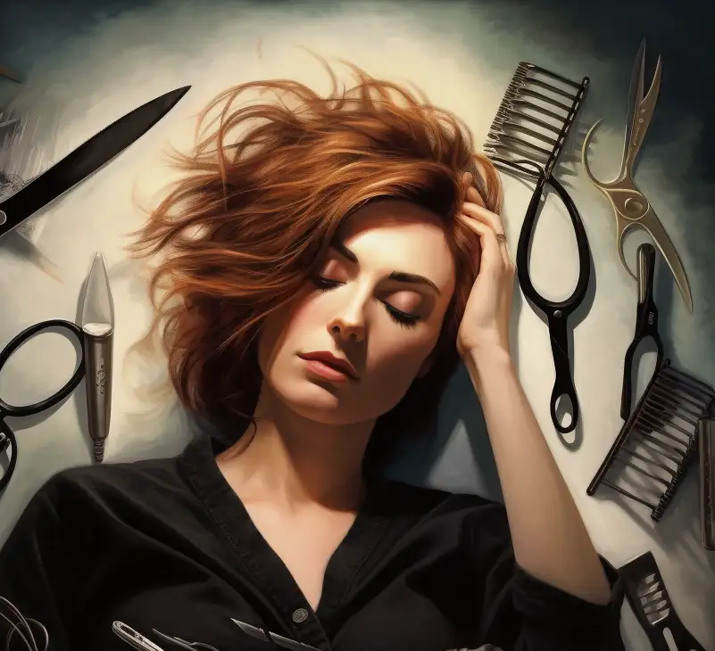 woman asleep dreaming about having her haircut. She is surrounded by hair cutting tools