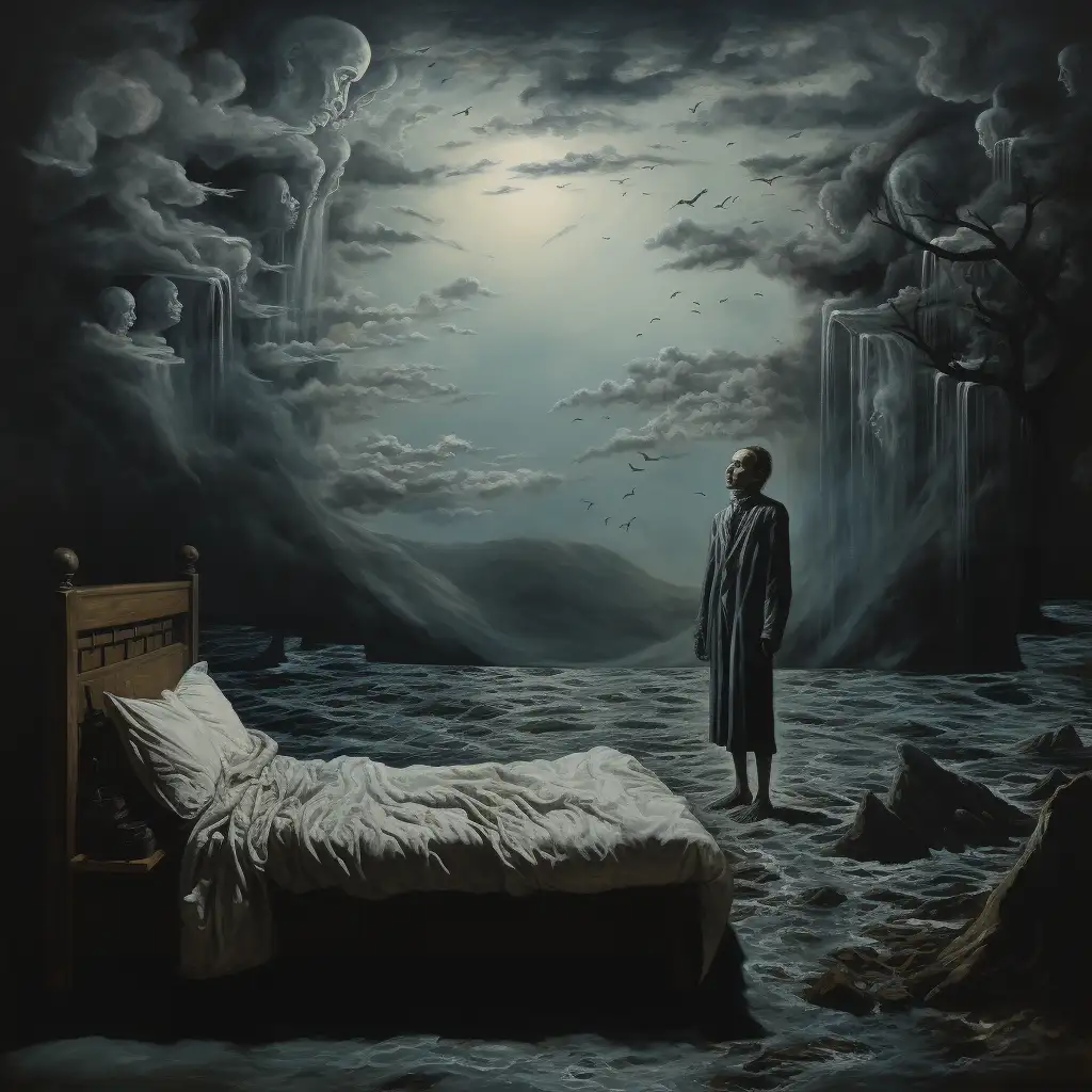 Image of a dream about dead relatives. Man stands at the end of his bed looking up at images of dead loved ones in the sky