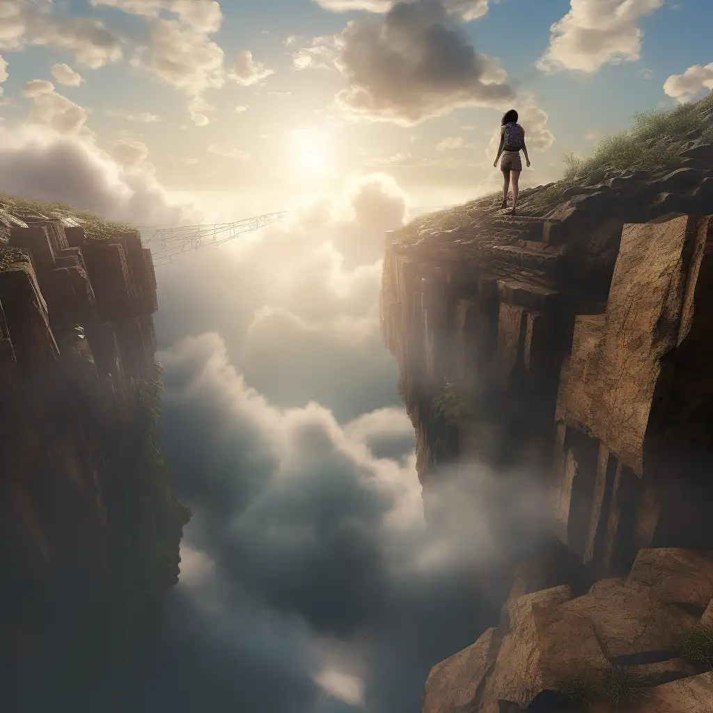 Dreaming of falling off a cliff. Image depicts a woman standing close to the edge of a cliff