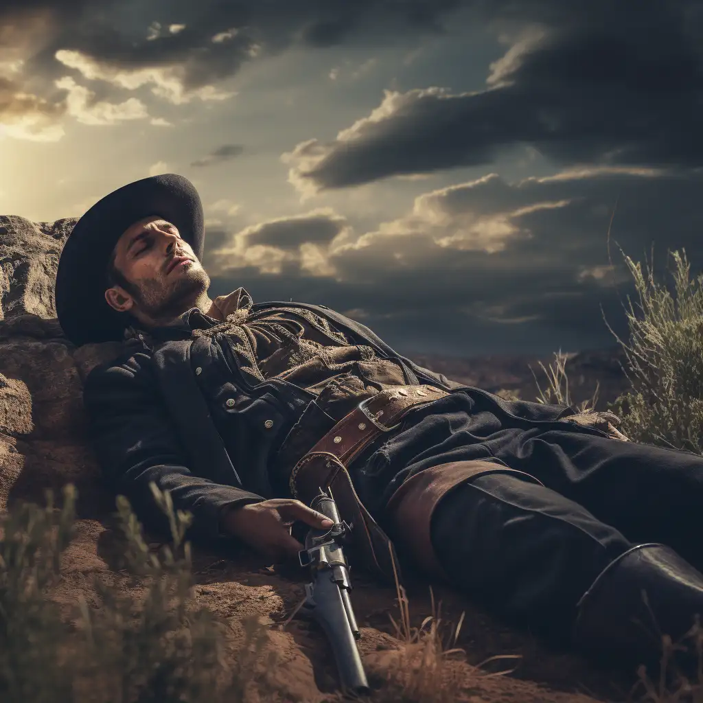 dream about getting shot. image shows a cowboy lying on the ground after being shot