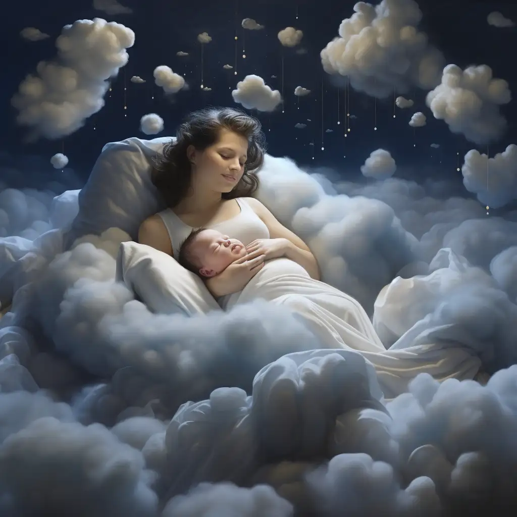 Dream of having a baby. Image shows woman holding a baby among the clouds to depict her dream