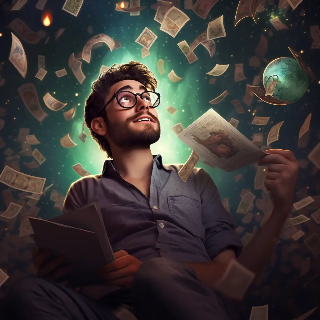 Dreaming about money. image shows a man surrounded by falling money to depict the dream