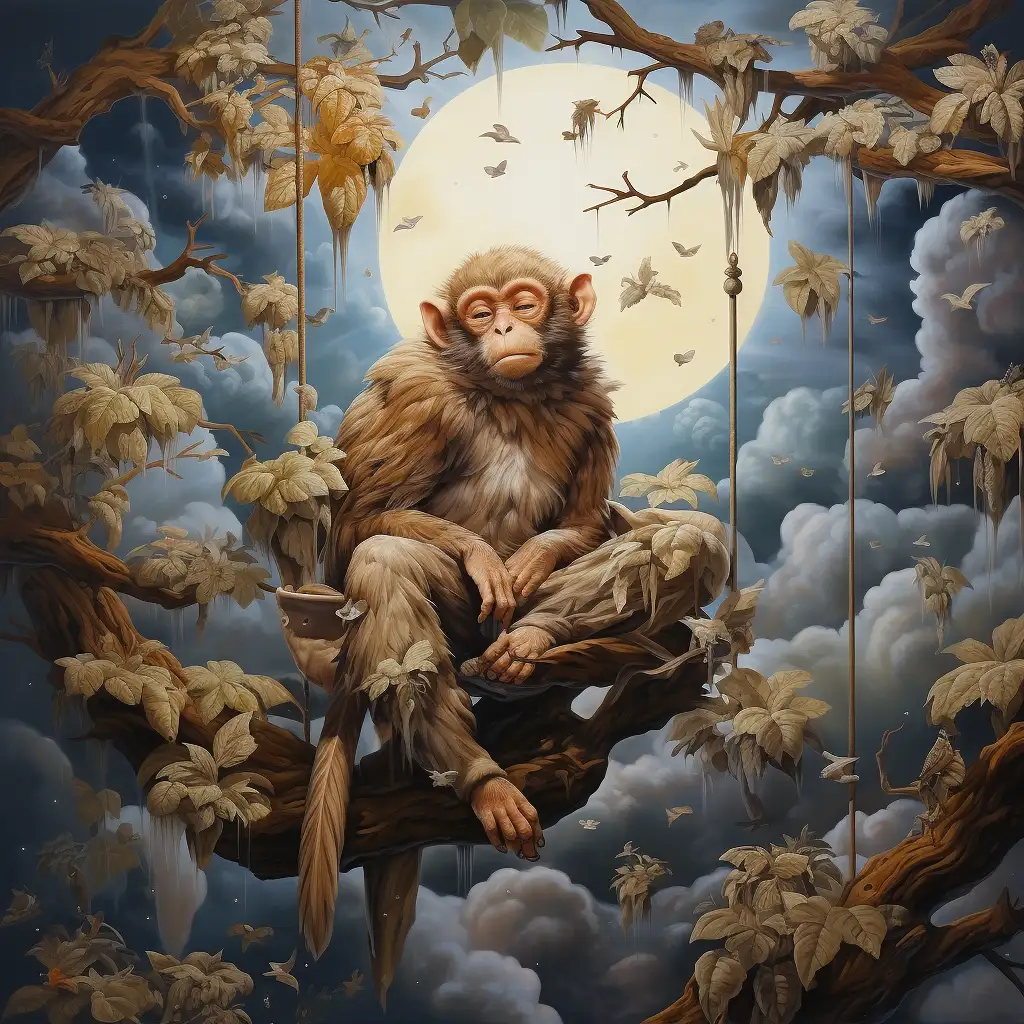 Dreaming about monkeys. The image shows a sleepy monkey in a tree with the moon shining behind