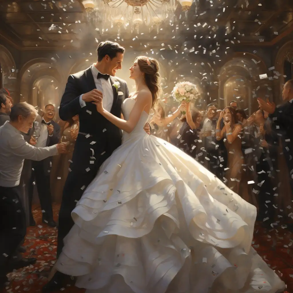 Dreaming about weddings. image shows a bride and groom at their wedding reception