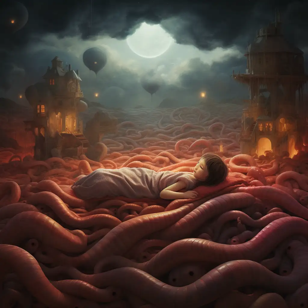 dreaming about worms. picture shows a girl asleep among lots of worms