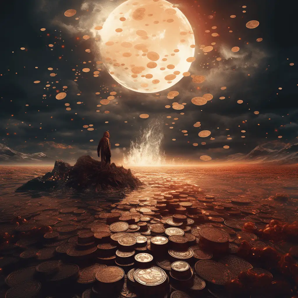 Dreaming about coins - image shows a sea of coins with a man on a rock in the middle. the moon is shining in the background