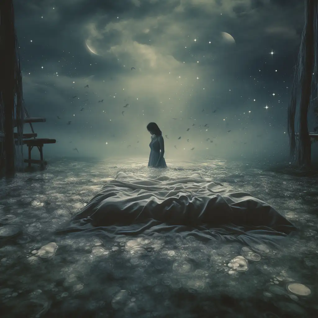 Dreaming about dirty water. Image shows a woman standing by her bed surrounded by dirty water