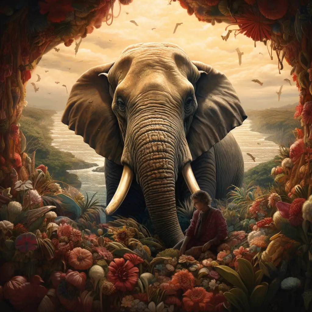 Dreaming about Elephants. Image shows an elephant framed by flowers