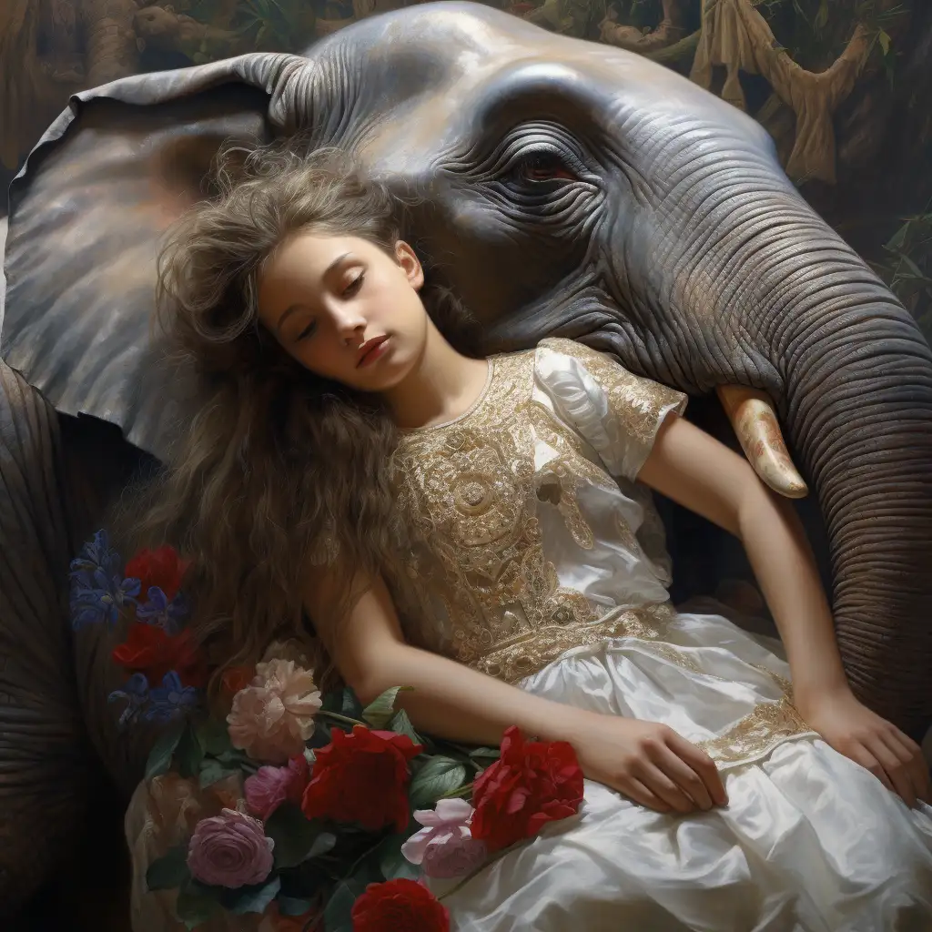 dreaming of elephants. Image shows a woman asleep on an elephant to depict her dream