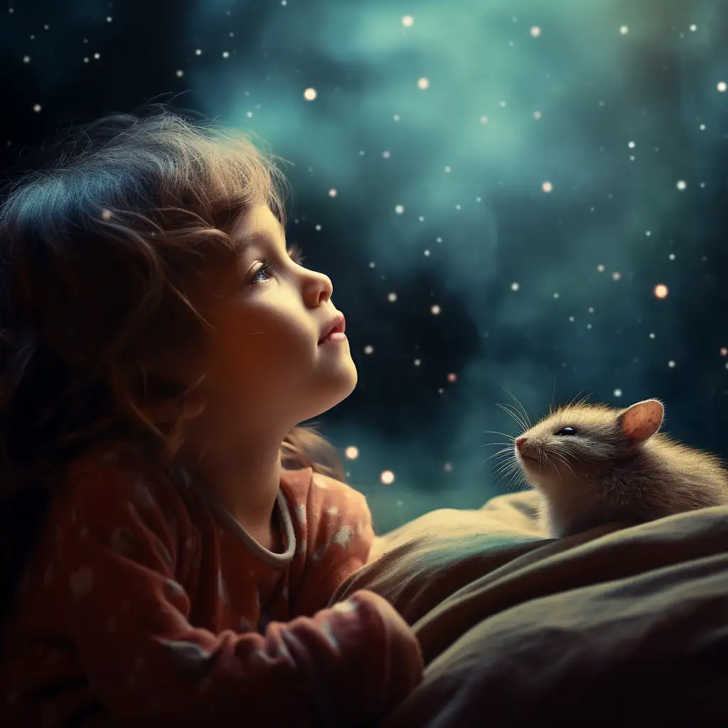 child looking up into the night sky with a mouse beside her