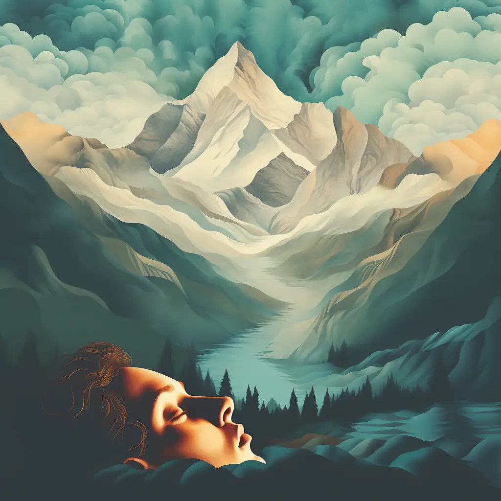 Dreaming of mountains. image shows a person sleeping with a majestic mountain in the background