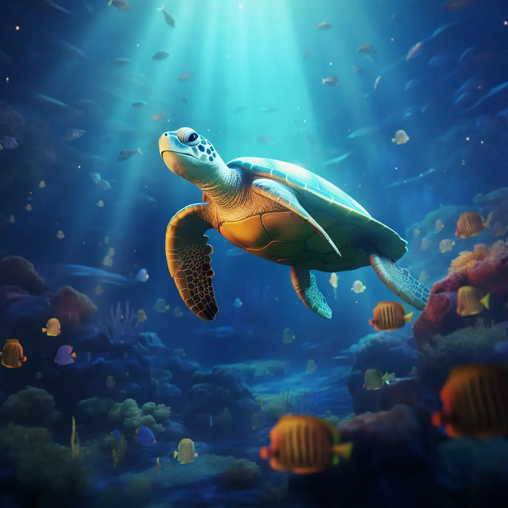 Dreaming of turtles. Image shows an animated image of a turtle in the ocean with light from the sun shining down