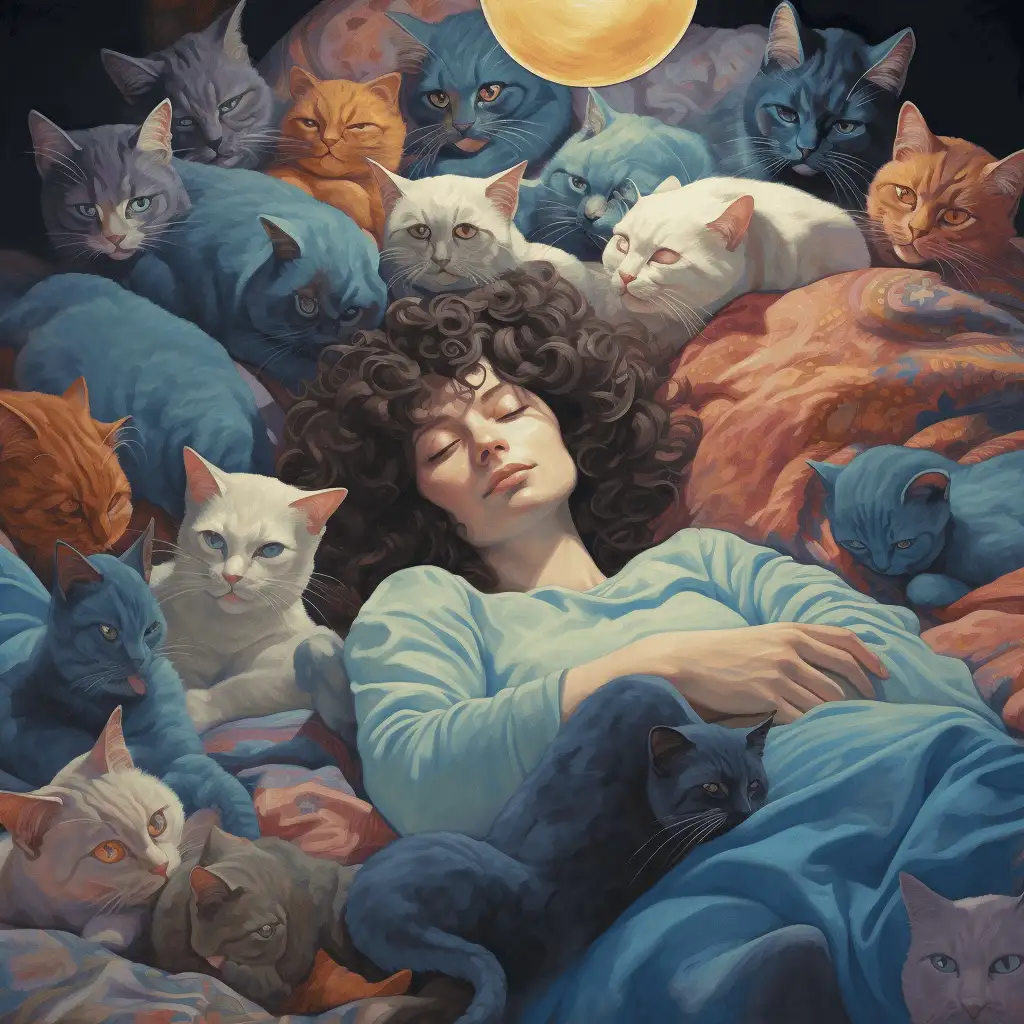 Dream about cats. Image shows a woman asleep in bed surrounded by cats