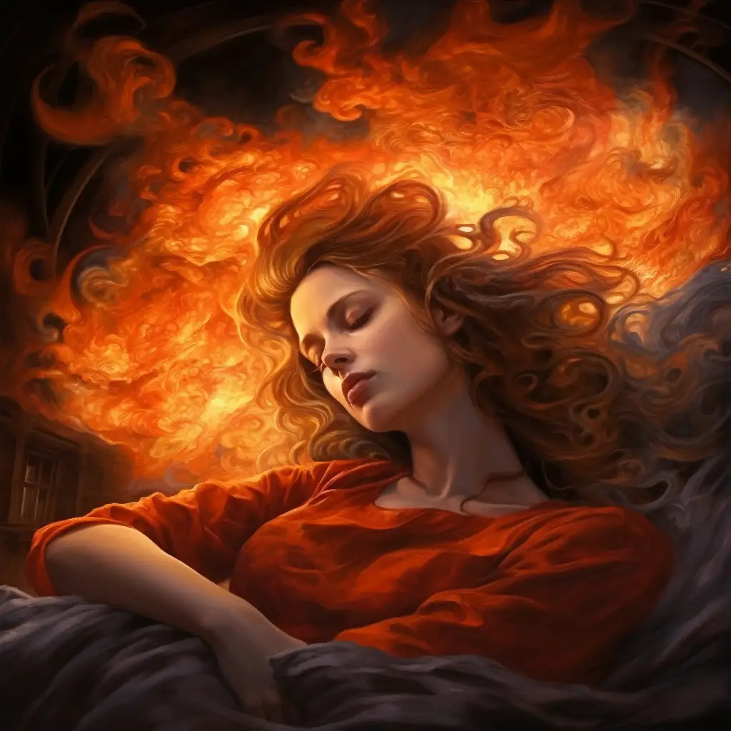 woman dreaming of fire. image shows woman asleep in bed with fire around her