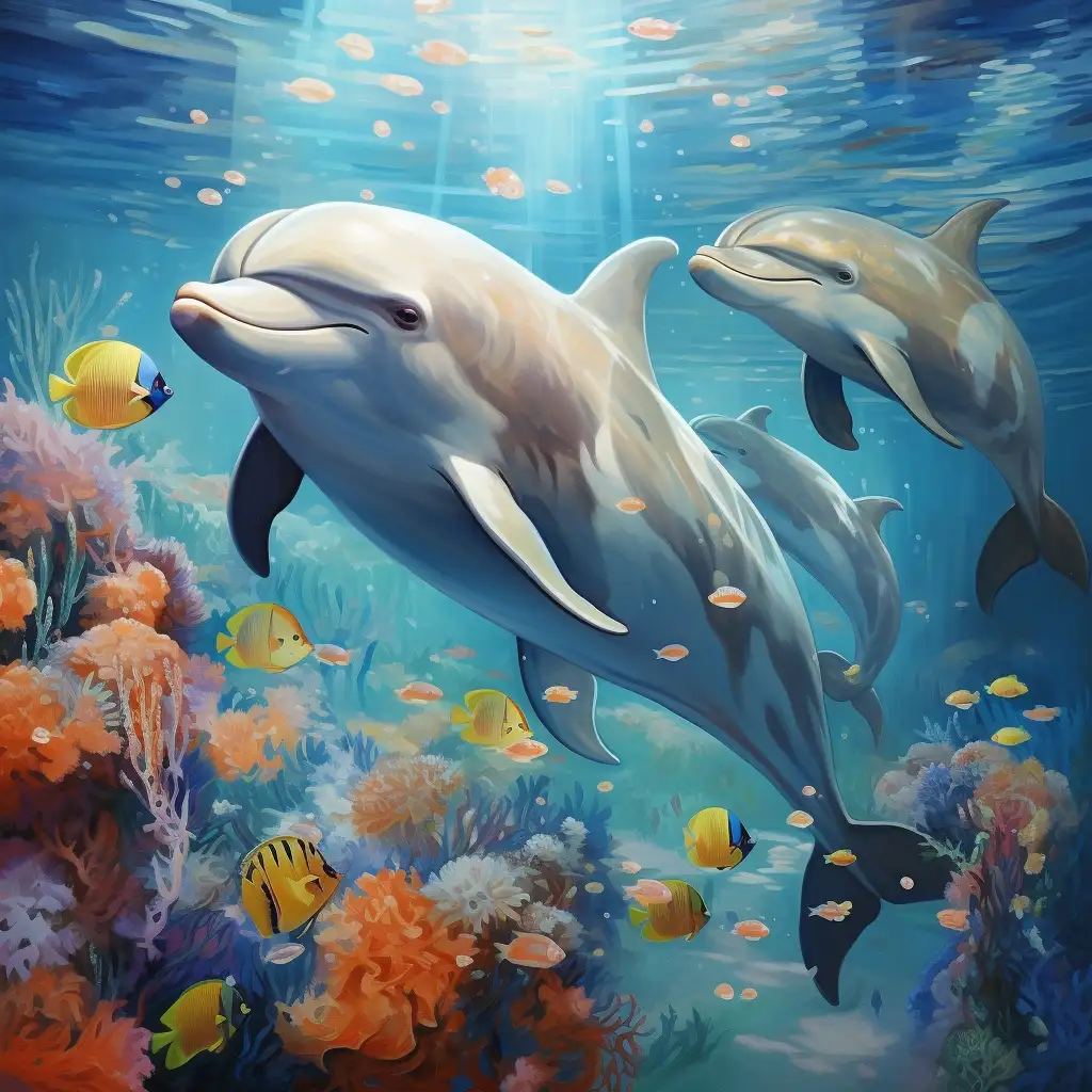 dreaming of dolphins. image shows two dolphins swimming among coral