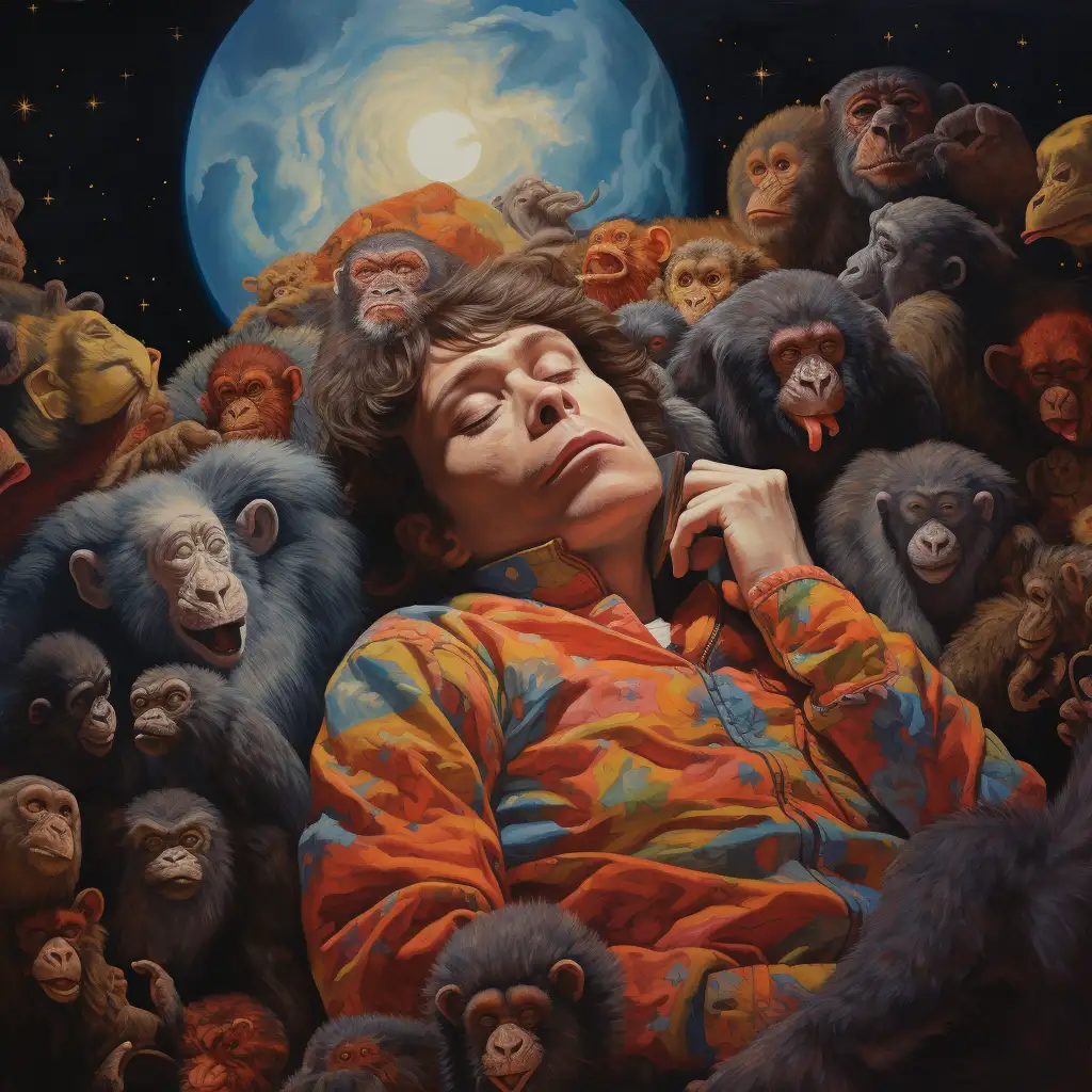 man dreaming about monkeys. image shows a man fast asleep surrounded by monkeys