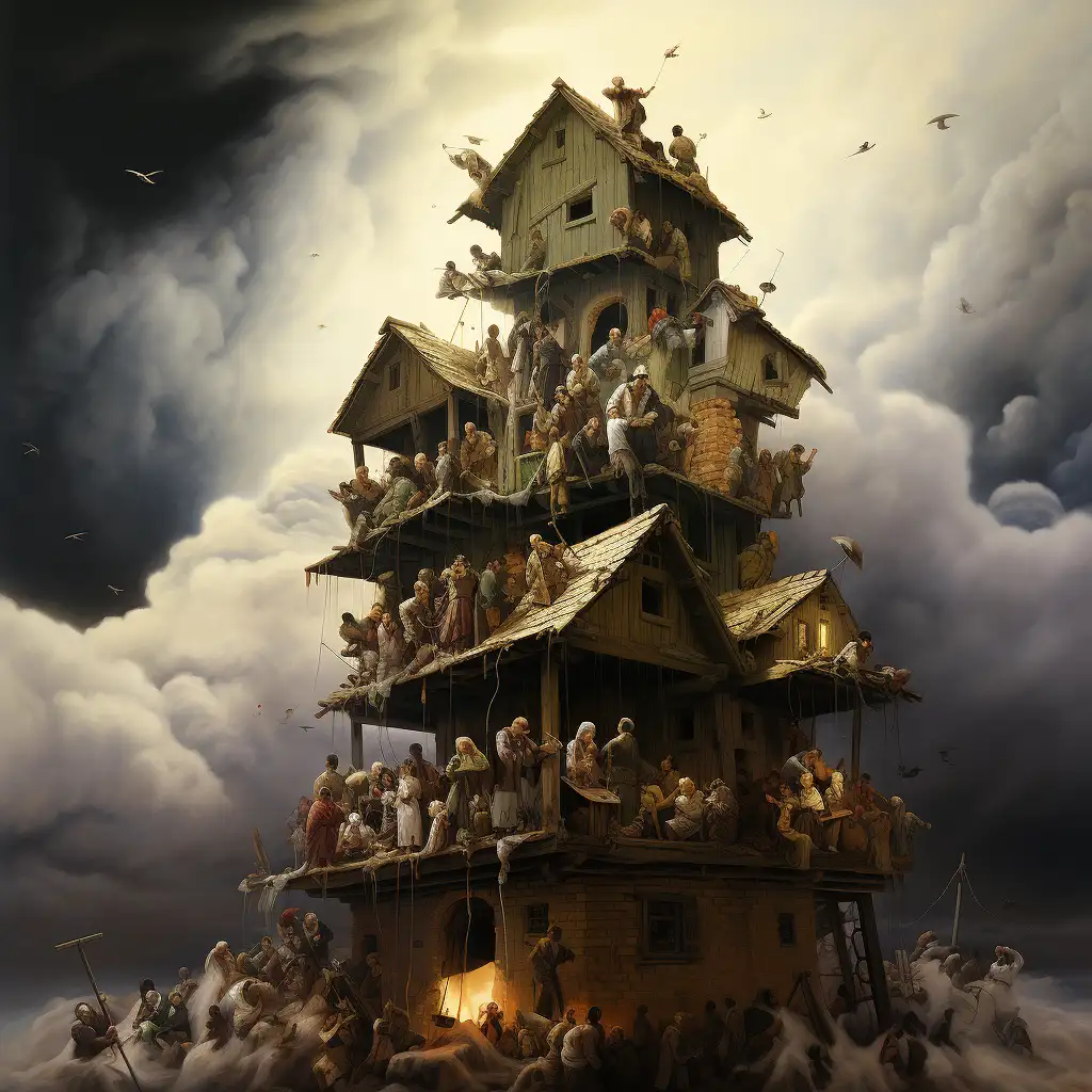 Dream about people escaping a flood. the picture shows lots of people up high on the house with others trying to get out of the water below