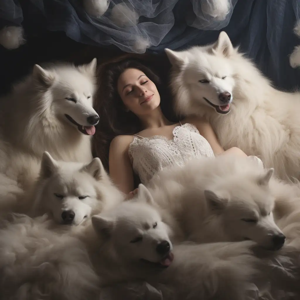 woman dreaming of a white dog. The image shows her asleep surrounded by white dogs to depict her dream