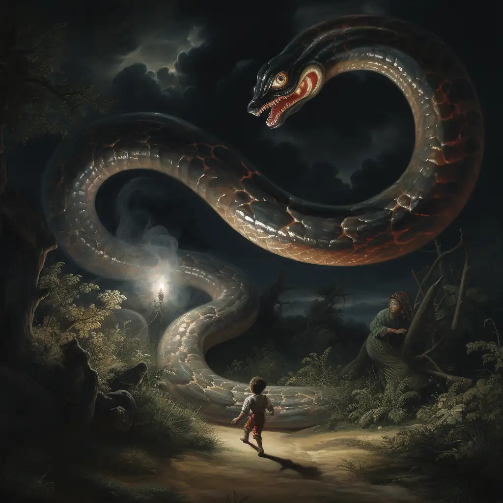 Dreaming about being chased by snakes. Image depicts a young boy and an enormous snake