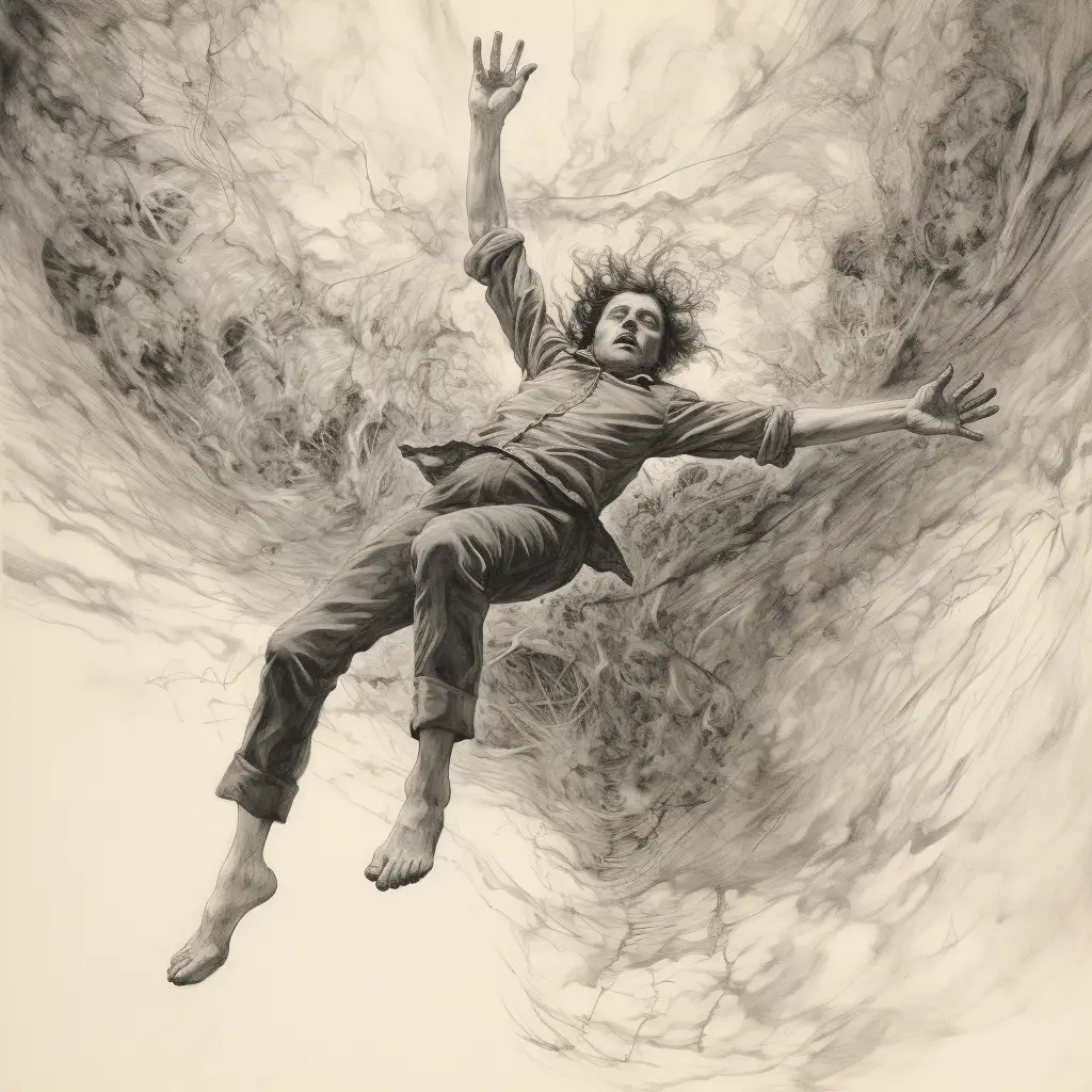 dreaming about falling off a cliff. Image shows a black and white drawing of a man falling