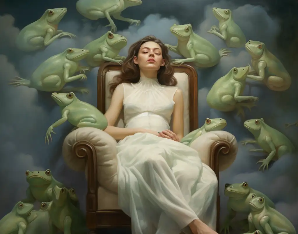 Dreaming about frogs. Image shows woman asleep in a chair with numerous frogs around her to depict her dream.