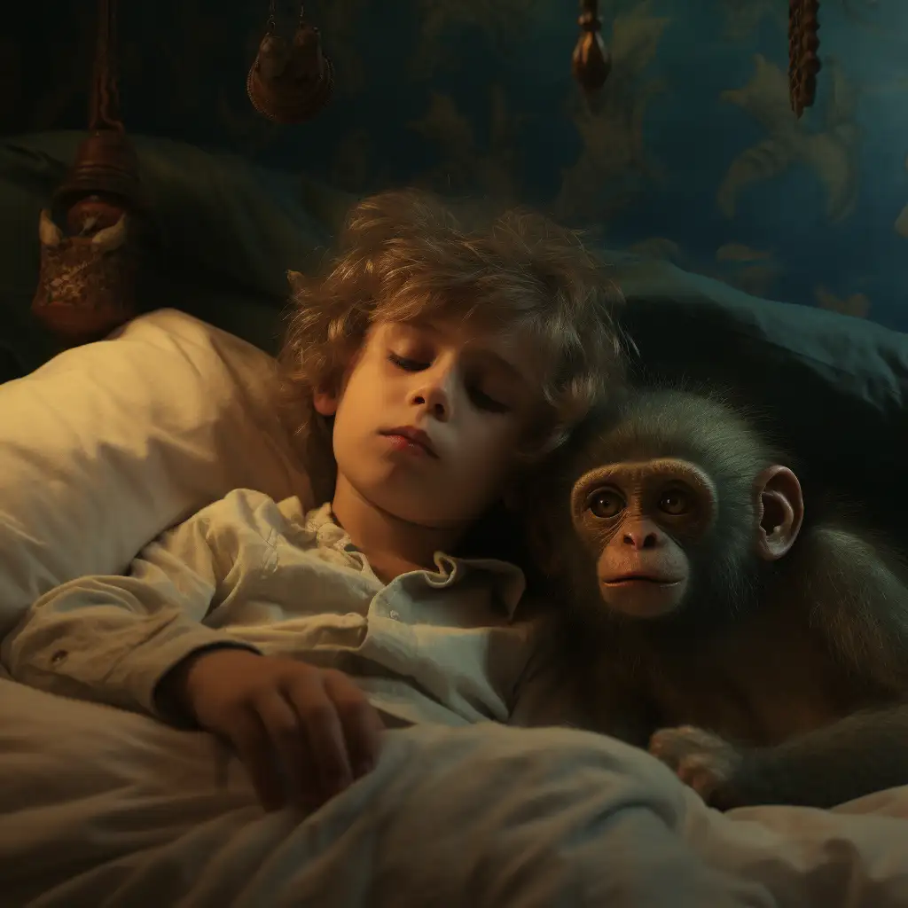 child dreaming about a monkey. Image shows a child asleep in bed with a monkey beside him