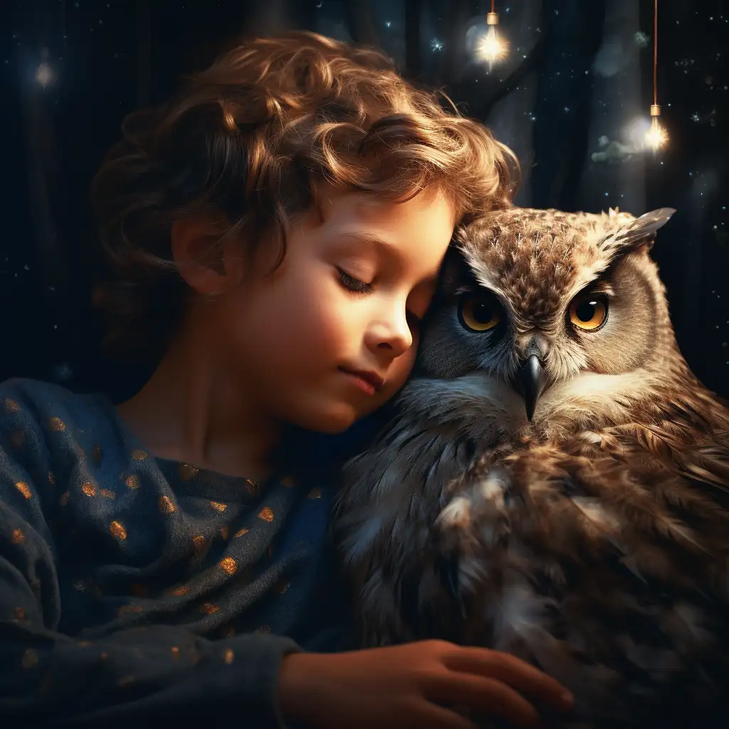 Child asleep in bed. There is an owl in the image to depict the child's dream about an owl