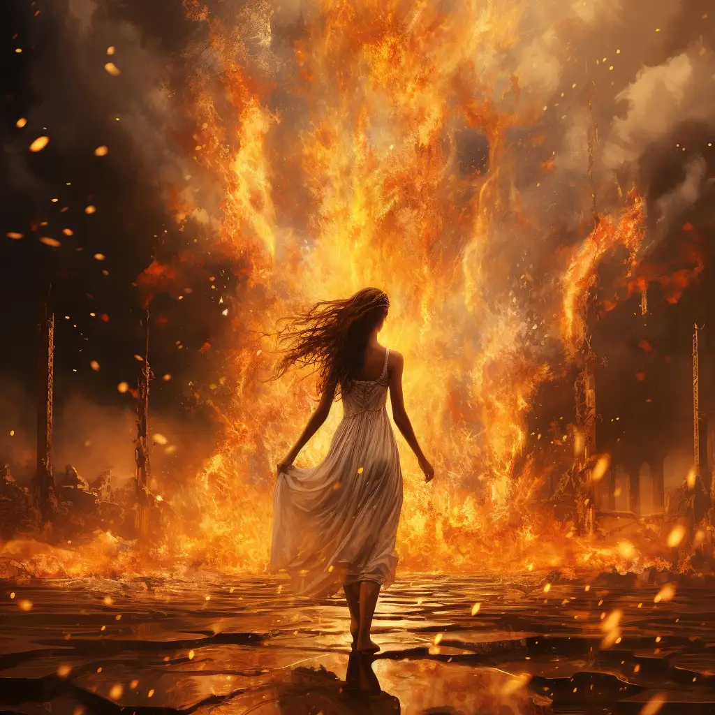 dreaming about fire. Image shows a woman walking into roaring flames