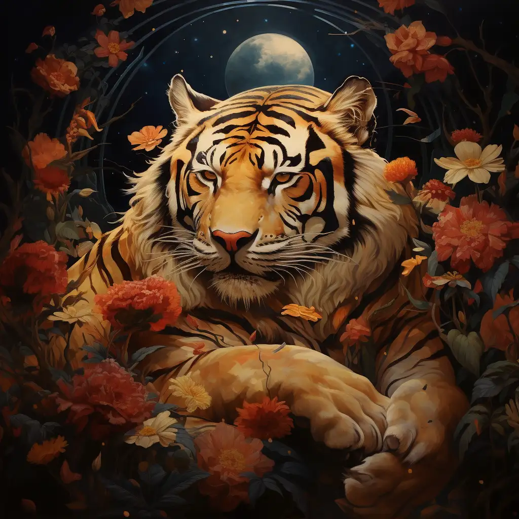 A tiger surrounded by flowers depicting dreaming about tigers