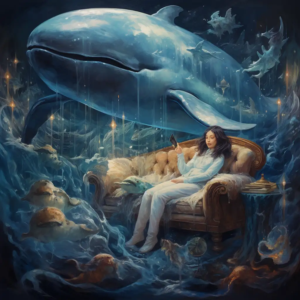 Dreaming about whales. image shows girl sitting on a chair with a whale behind her to depict her dream