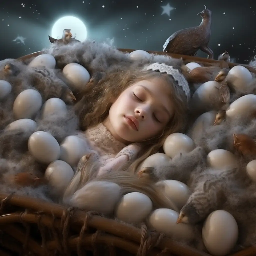 dreams about eggs - image shows a child asleep surrounded by eggs