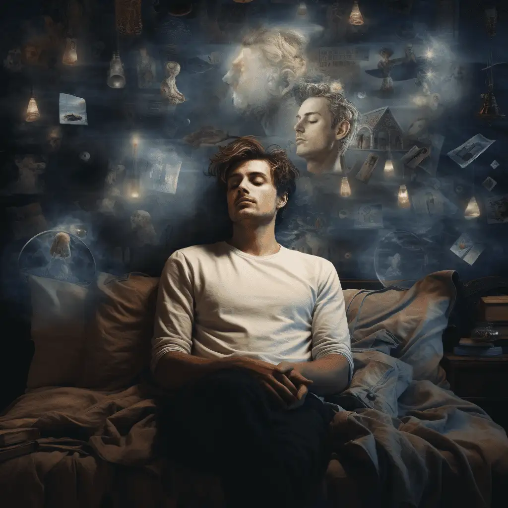 man daydreaming about a dead person. Image shows the man dozing in a sitting position. behind him are images of dead people