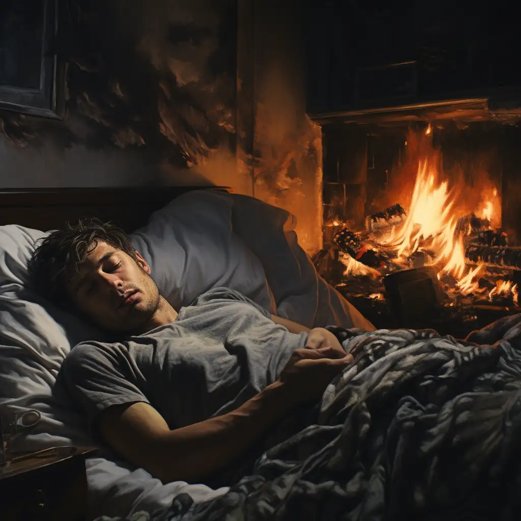 man dreaming about fire. image shows man asleep in bed with a fire in the background