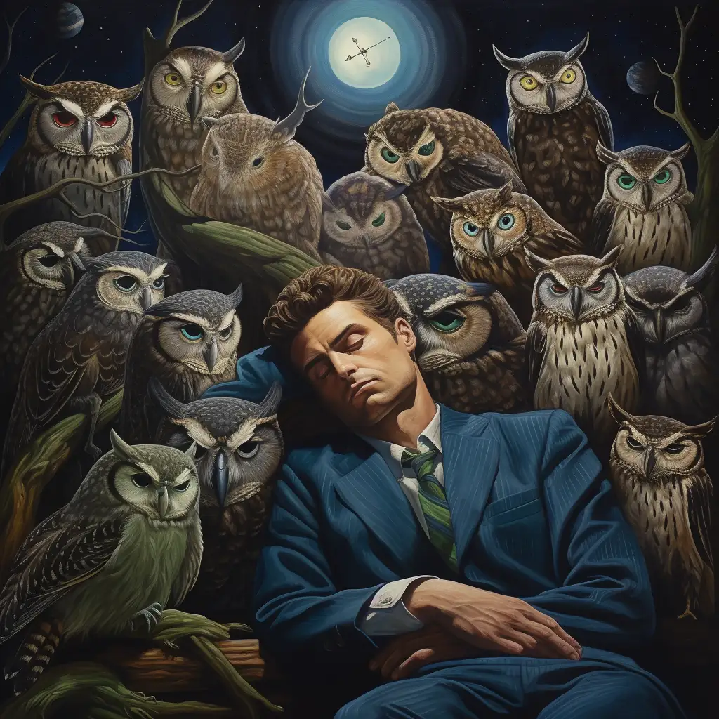 man asleep surrounded by owls. the image depicts his dream of owls