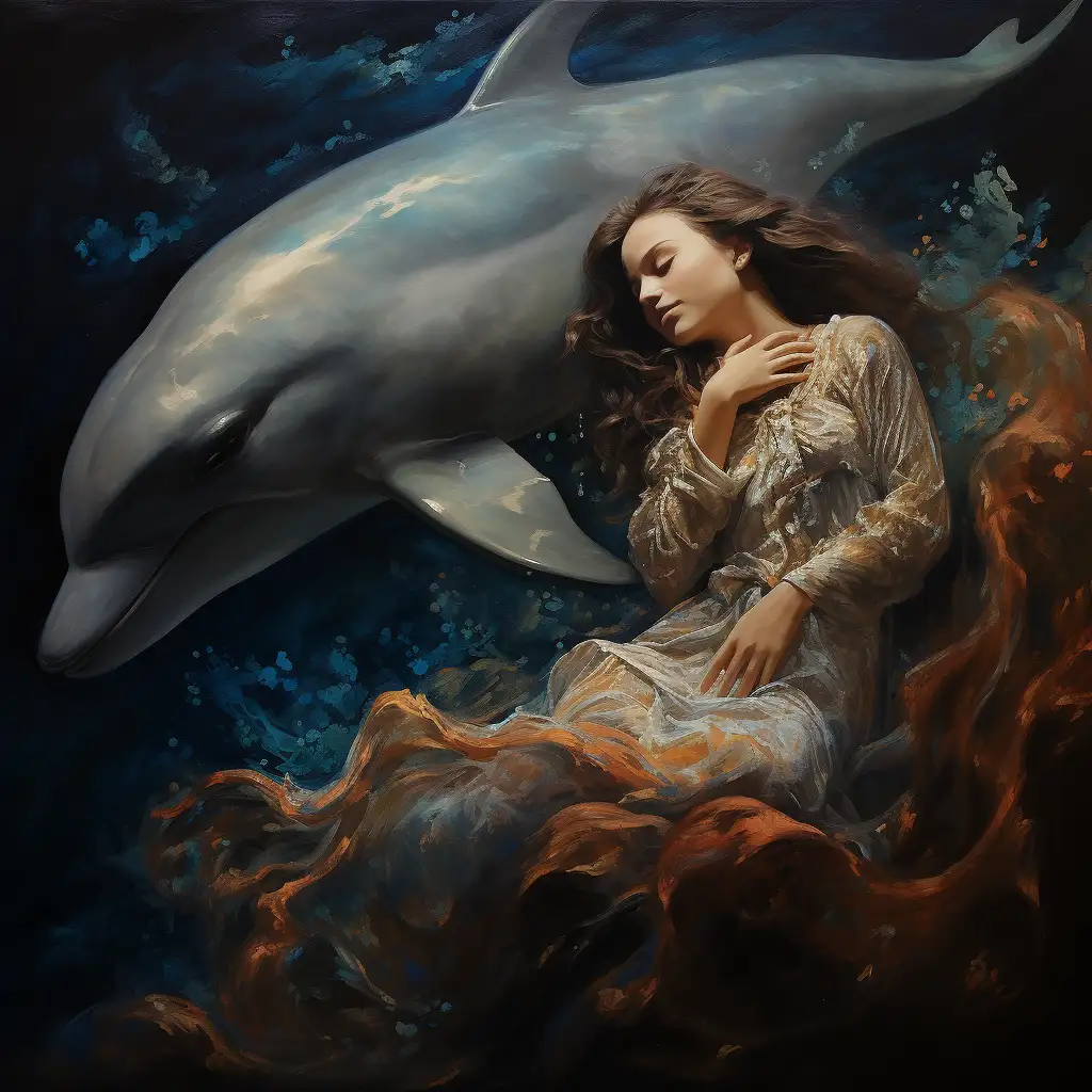 woman dreaming about a dolphin. Image shows her asleep with her head leaning on a dolphin