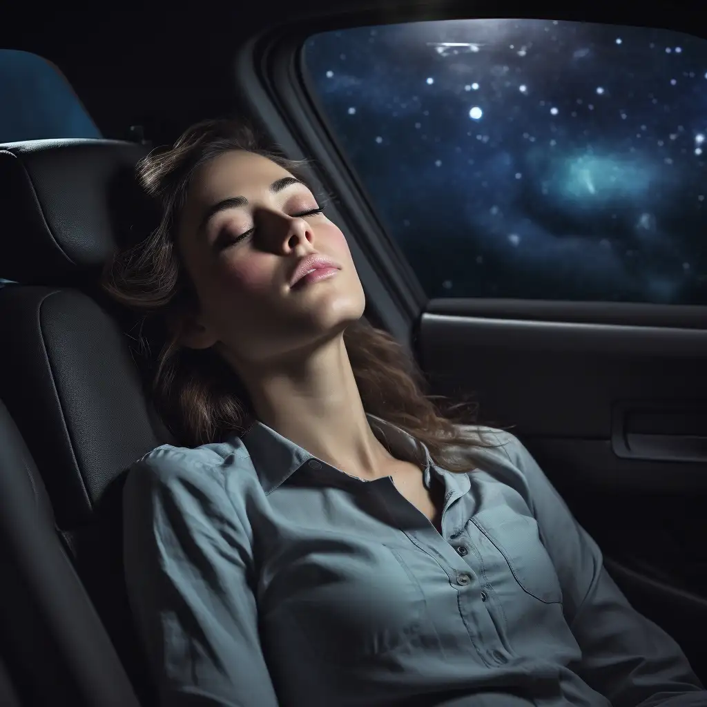 woman dreaming about being the driver in a car accident. The image shows her asleep in the driver seat