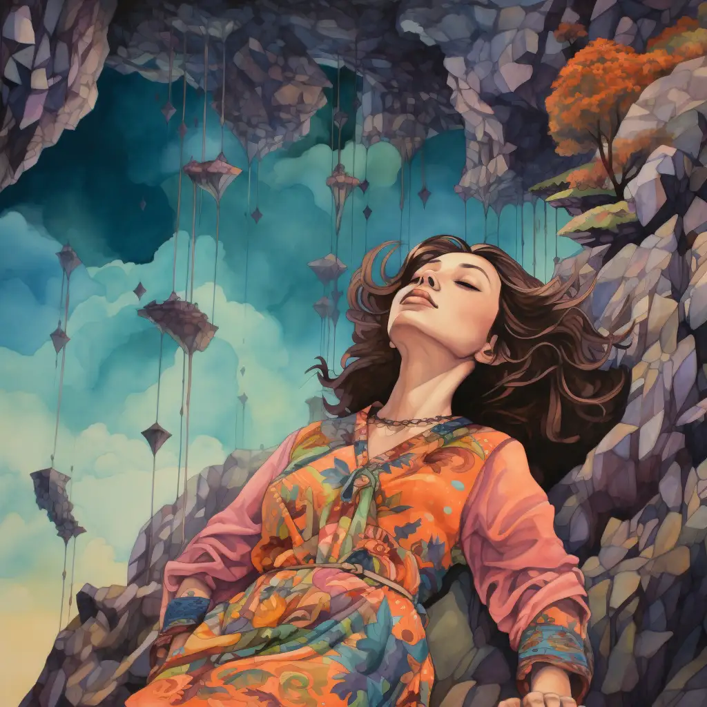 woman dreaming about falling off a cliff. image is a colorful drawing of a woman asleep on the side of a cliff depicting her dream