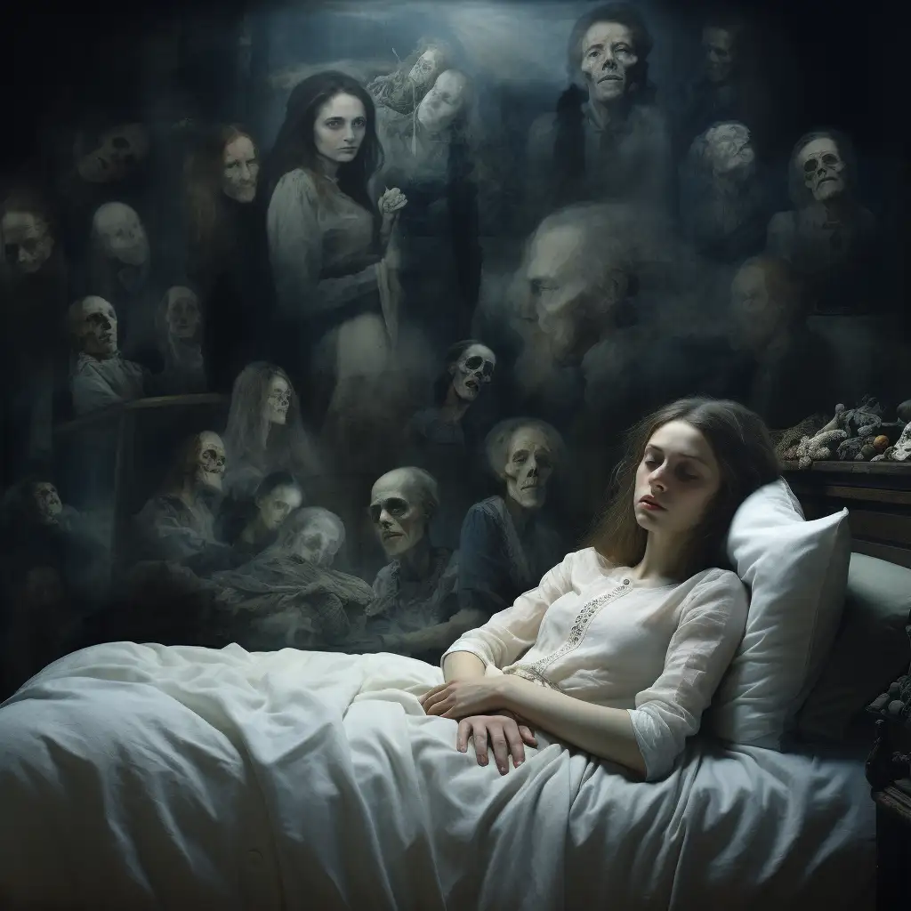 woman asleep in bed. All around her are faces of deceased loved ones depicting her dream