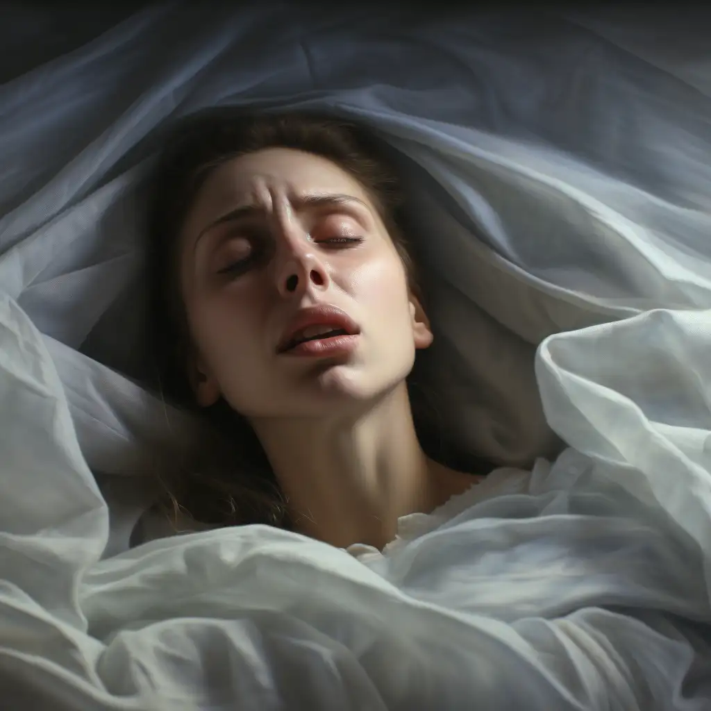 woman lying in bed dreaming about a deceased loved one. She has an anguished expression on her face. 