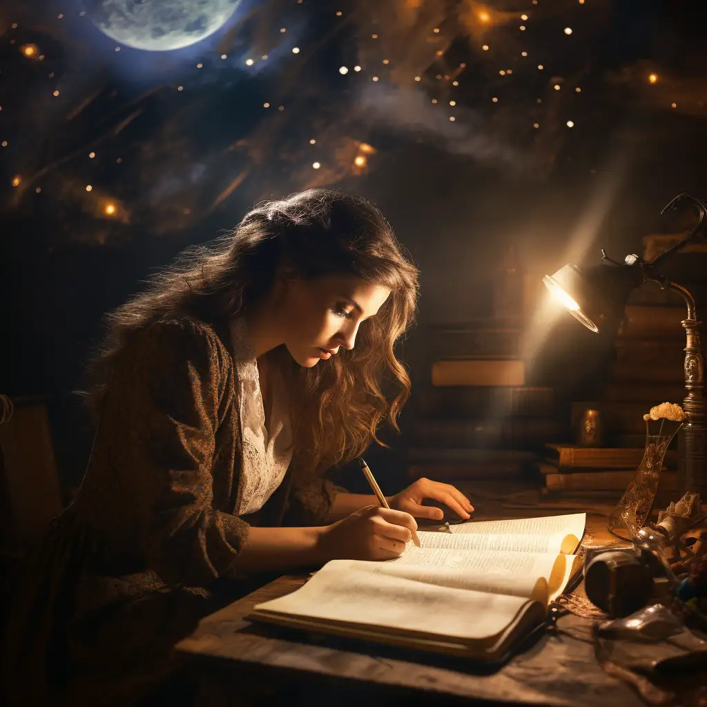 woman writing in her dream journal with the stars and moon in the background