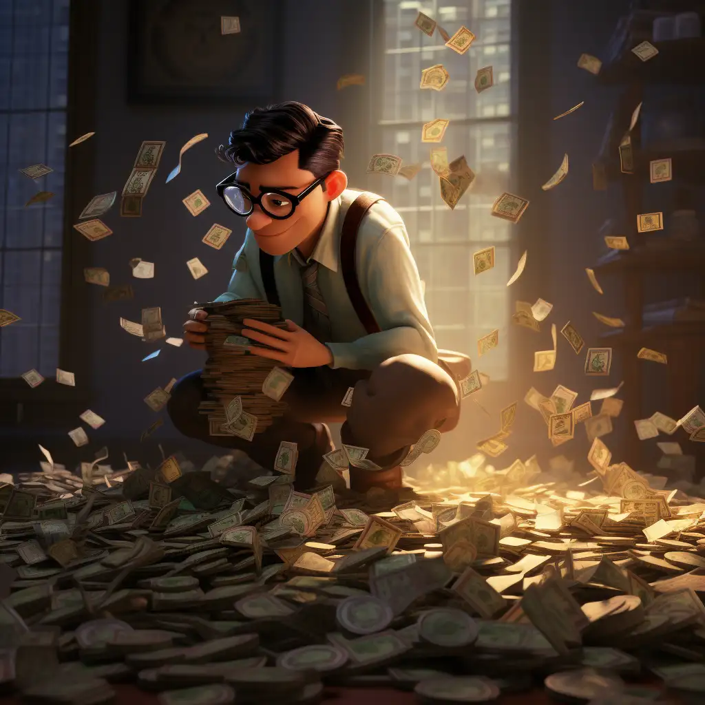 Dreaming about finding money. image shows man with a pile of money