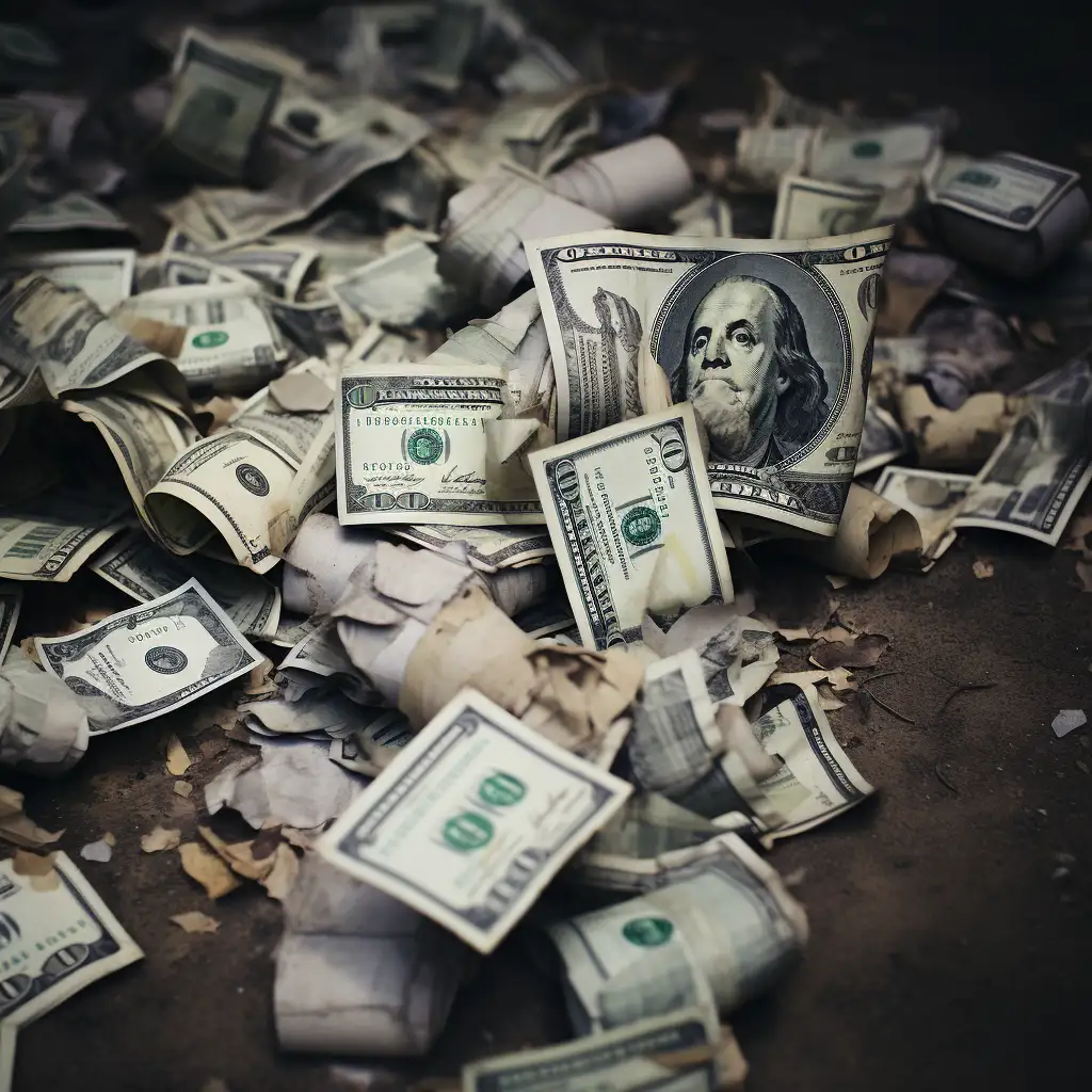 dreaming about finding money. image shows lots of money on the ground