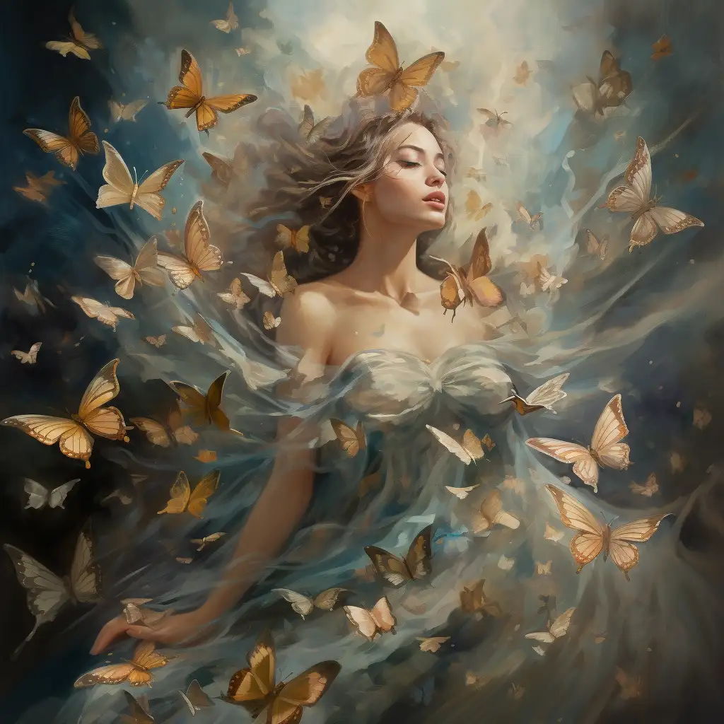 woman asleep surrounded by butterflies. Dreams about butterflies