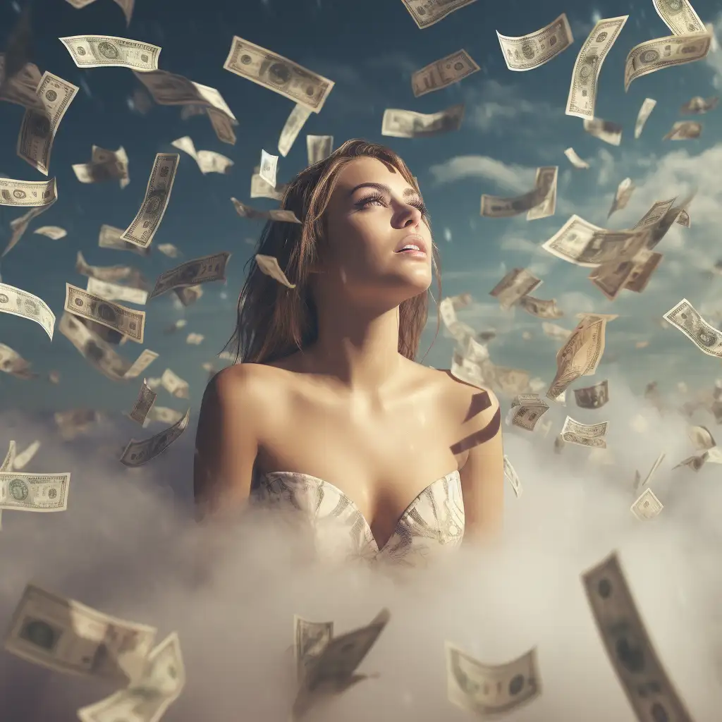 dreaming about finding money. image shows a woman surrounded by falling money