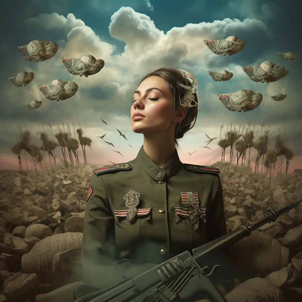 dream about war - image shows a woman in a uniform with war symbols in the background to depict her dream